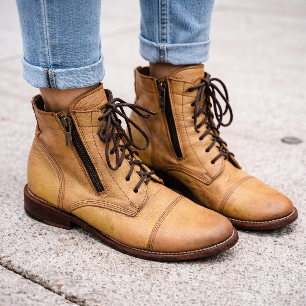 Bed Stu Bonnie Mustard Yellow Leather Ankle Biker Boots Lace Up Zip Western Boho